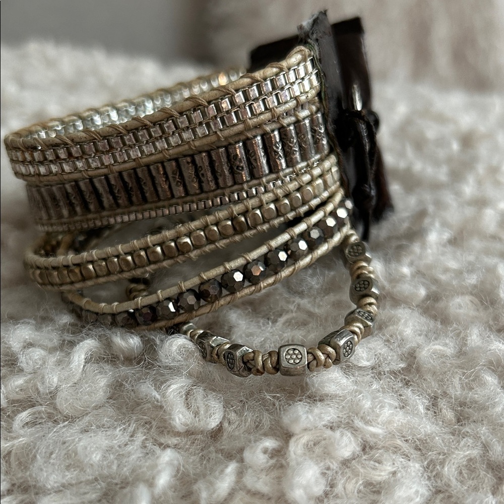 NEW LISTING! Silver and Brown  Beaded Leather Wrap Bracelet